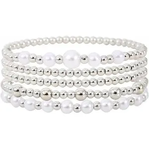 Gold Silver Plated Ball Beaded Bracelets Stack Set Dainty Multilayer Imitation Pearl Beads Stackable Stretch Bracelets for Women Party Jewelry Gifts