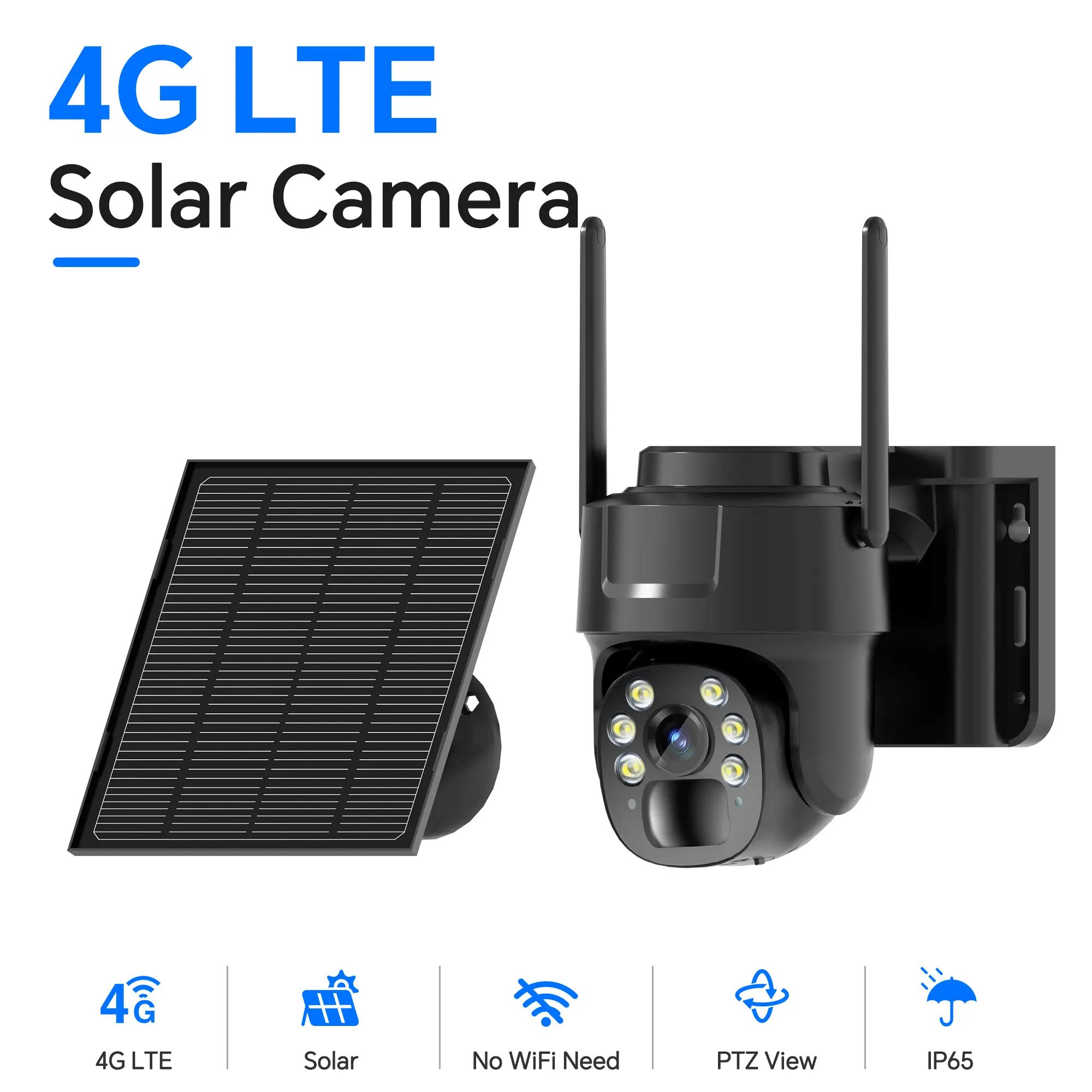 4G LTE Cellular Solar Security Camera Outdoor Wireless 2K HD PTZ 355° View No WiFi Needed Built-in eSIM Unlimited Data iCam365 APP Control Color Night Vision AI Detection IP65 Weather-Resistant