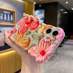 Fogepix Colorful Retro Flower Laser Case for iPhone 17 Pro Max 16 15 14 13 Oil Painting Printed Case Cute Curly Wave Edge Exquisite Phone Cover Stylish Durable TPU Protective Case for Girl Women