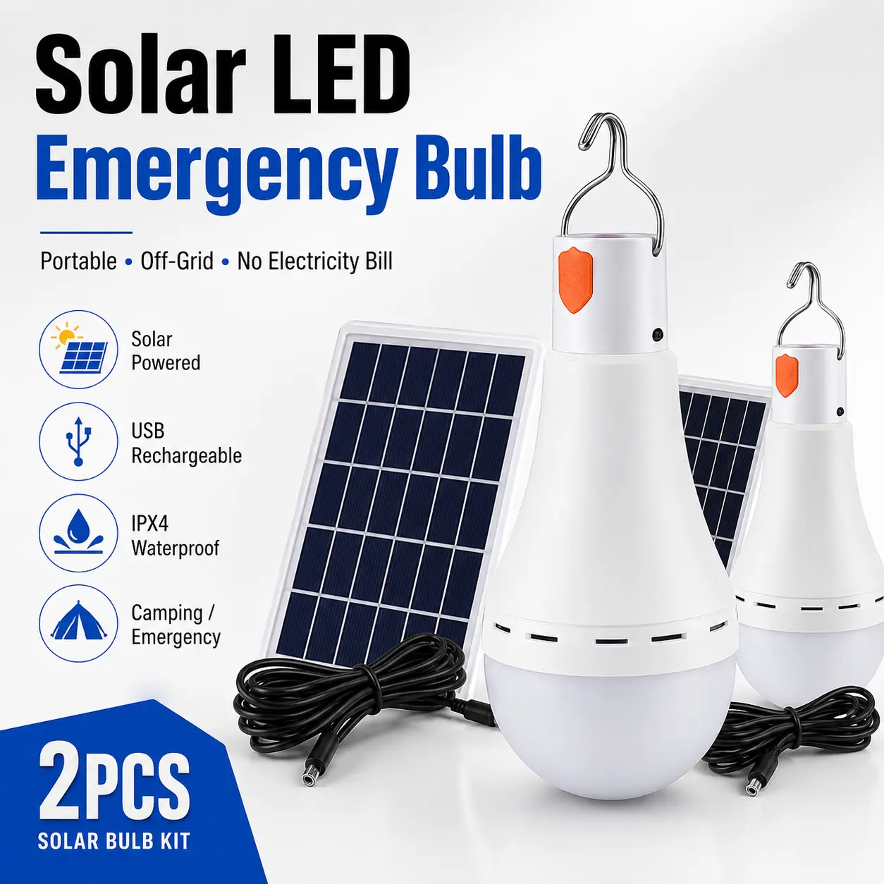 9W Solar Rechargeable LED Light Bulbs, Portable Emergency Outdoor Camping Lights with 3 Lighting Modes, Power Outage Backup Lamp for Tent, Garage