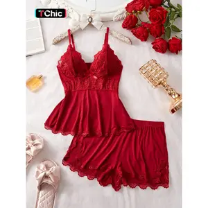 Women's Solid/Leopard Print Spaghetti Strap Cami Top & Lace Trim Shorts Pyjama Two-piece Set, Casual Comfy Fitted Camisole & Shorts PJ Set, Ladies Sleepwear for All Seasons