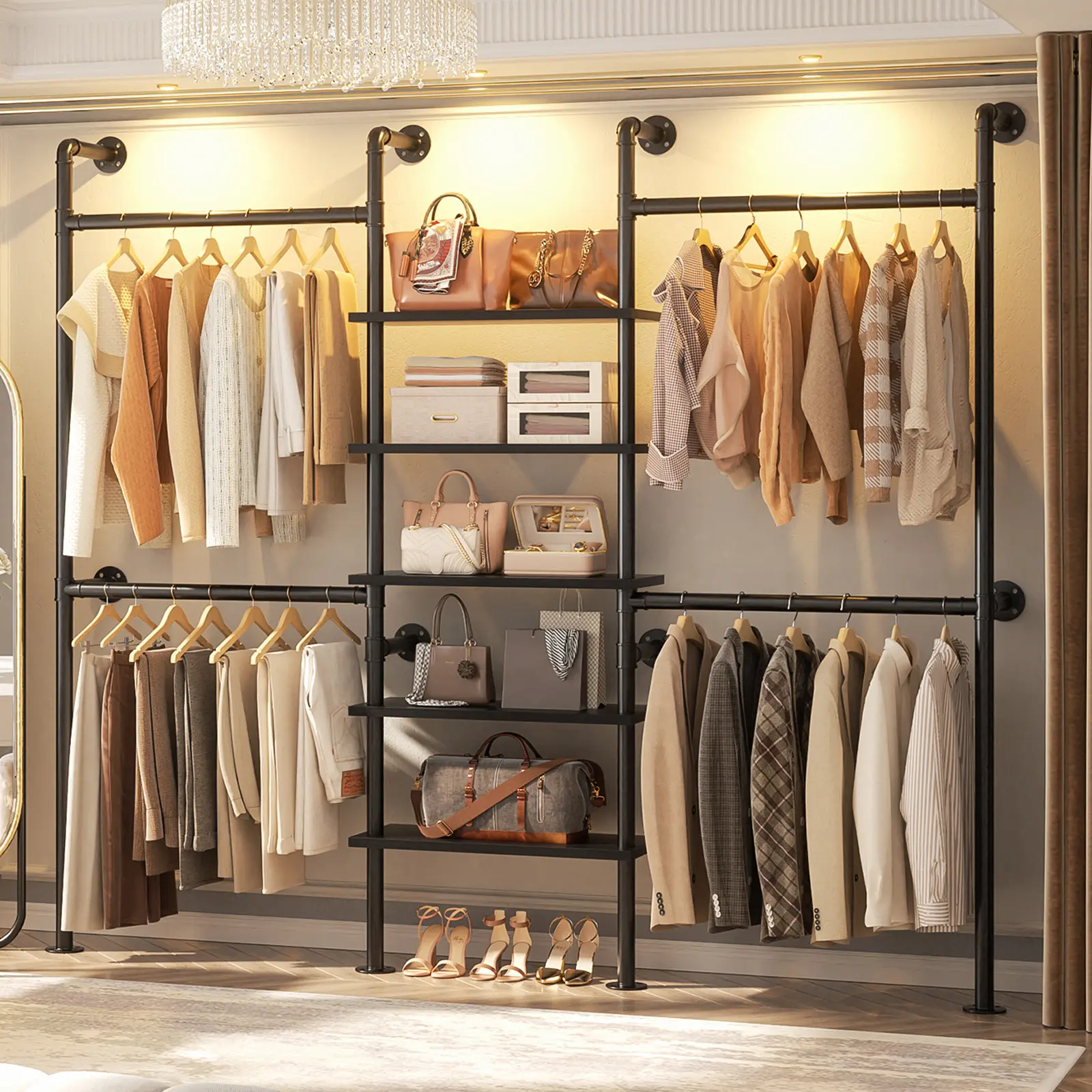 77'' Industrial Pipe Clothing Rack with 5-Tier Shelves, Reversible Clothes Rack Wardrobe Garment Racks for Hanging Clothes, Corner Closet Organizer