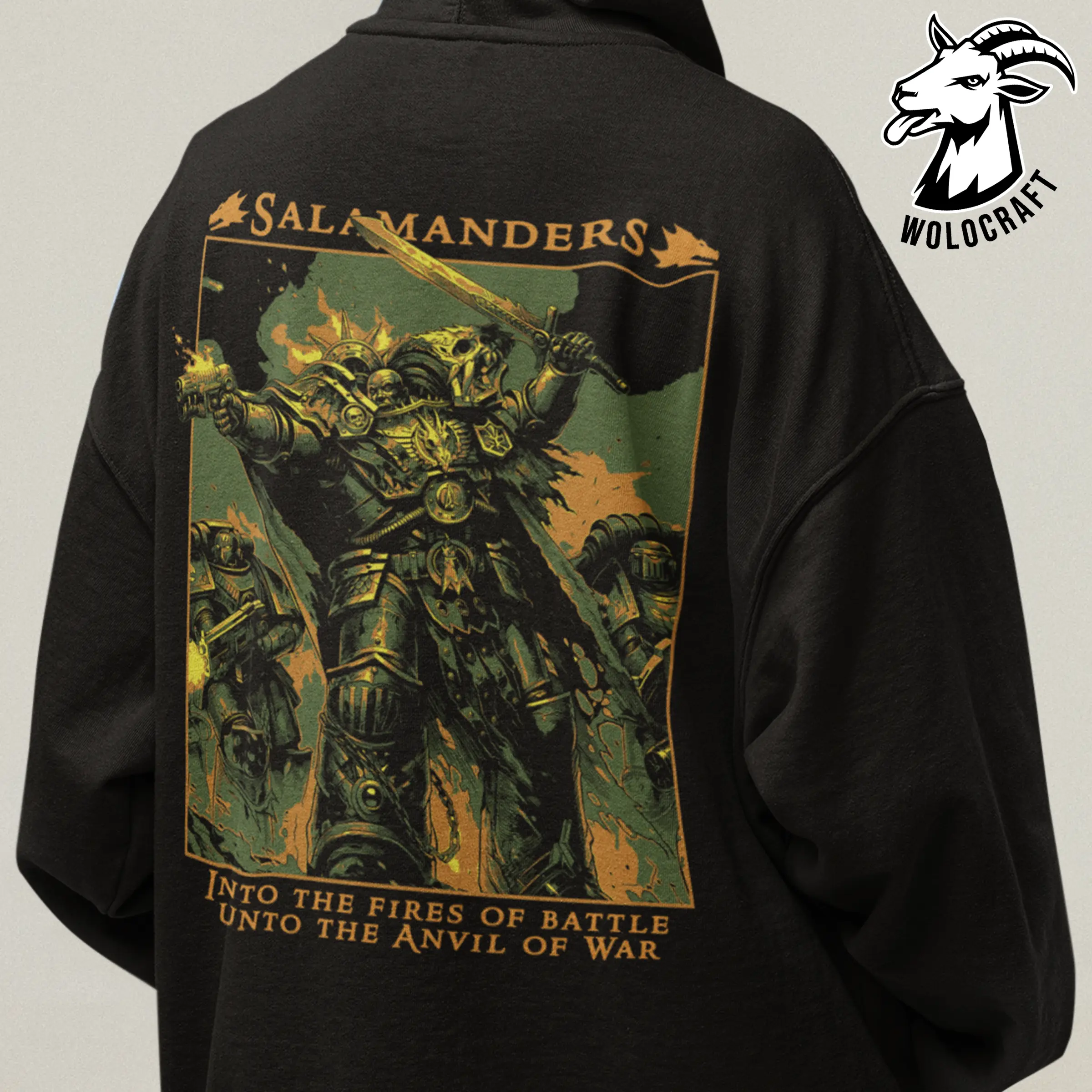 Salamanders Warhammer 40K Hoodie, Unisex Cotton Hooded Top, Space Marine Fan Clothing, Anvil of War Graphic Design