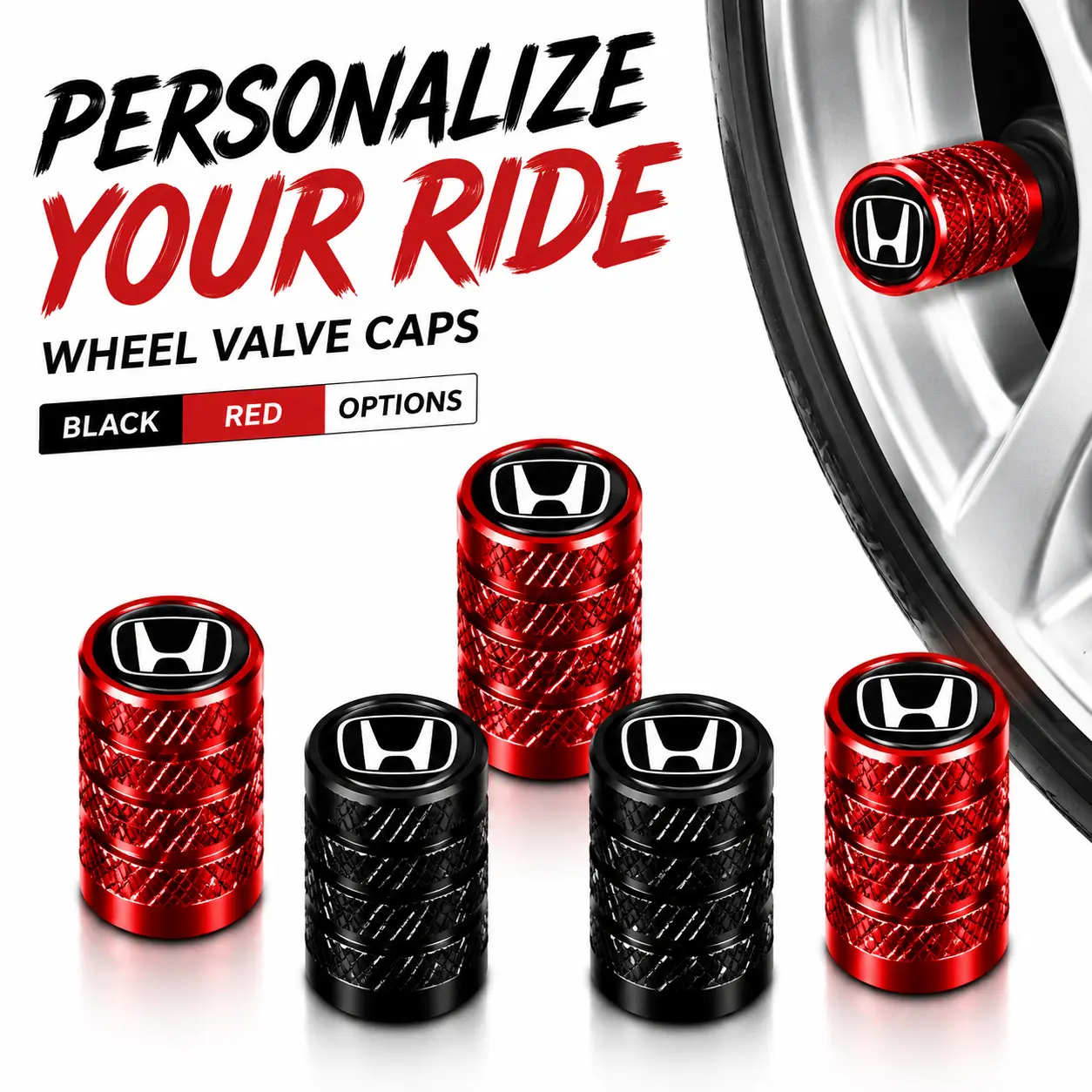 5 Pack Honda Logo Knurled Aluminum Tire Valve Stem Caps, Rubber O-Ring Leakproof Waterproof Anti-Corrosion Dust Rust Proof, Fit CR-V Civic Accord Pilot Ridgeline HR-V SUV Truck, Universal Schrader Valve Easy Install TPMS Safe Auto Wheel Mod Decor