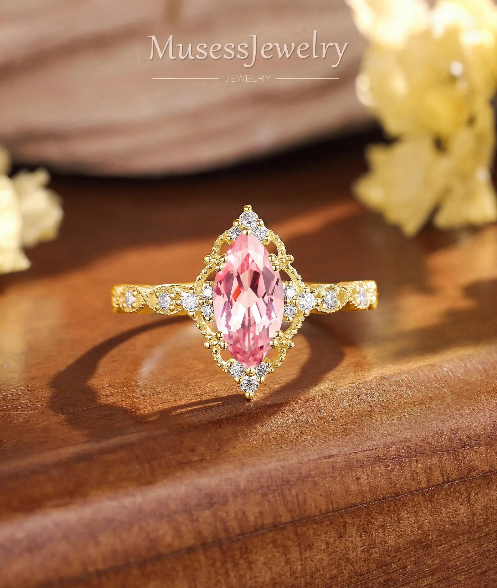 Pink Sapphire Marquise Engagement Ring in White Gold with Moissanite Halo Vintage Milgrain Bridal Solitaire 1.5ct Handmade LA Made to Order Unique Gift Jewelry