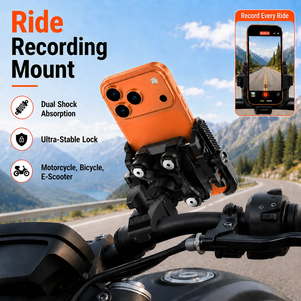 Lamicall Motorcycle Smartphone Mount Accessory - Dual Anti-Vibration Shock Absorber, Full Protection, 360° Secure Holder, Handheld Stand for iPhone 17 Pro/16/15/14/13, 4.7-6.7in Camera Cellphones