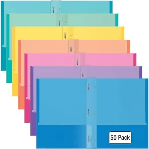2 Pocket Folders, Assorted 7 Vibrant Colors with Complementing Interior Colors, Fits Letter Size Paper, for School, Office, (with Prongs, 50)