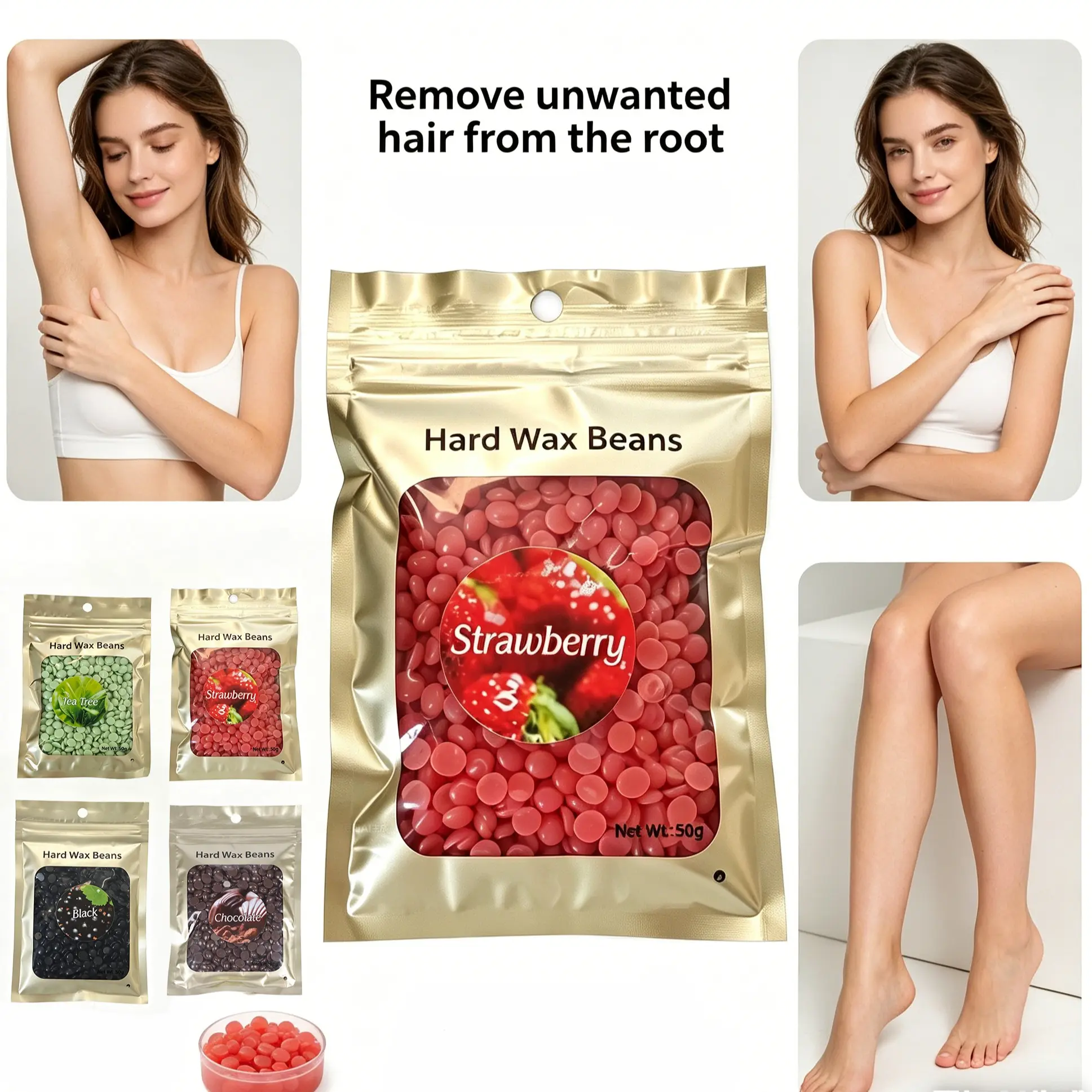Viilife Strawberry Scented Hard Wax Beans, Hard Wax Beads, 50g Pain-Free Hair Removal, Gentle Formula for Sensitive Skin, Home Use for Legs, Armpits, Bikini, Face