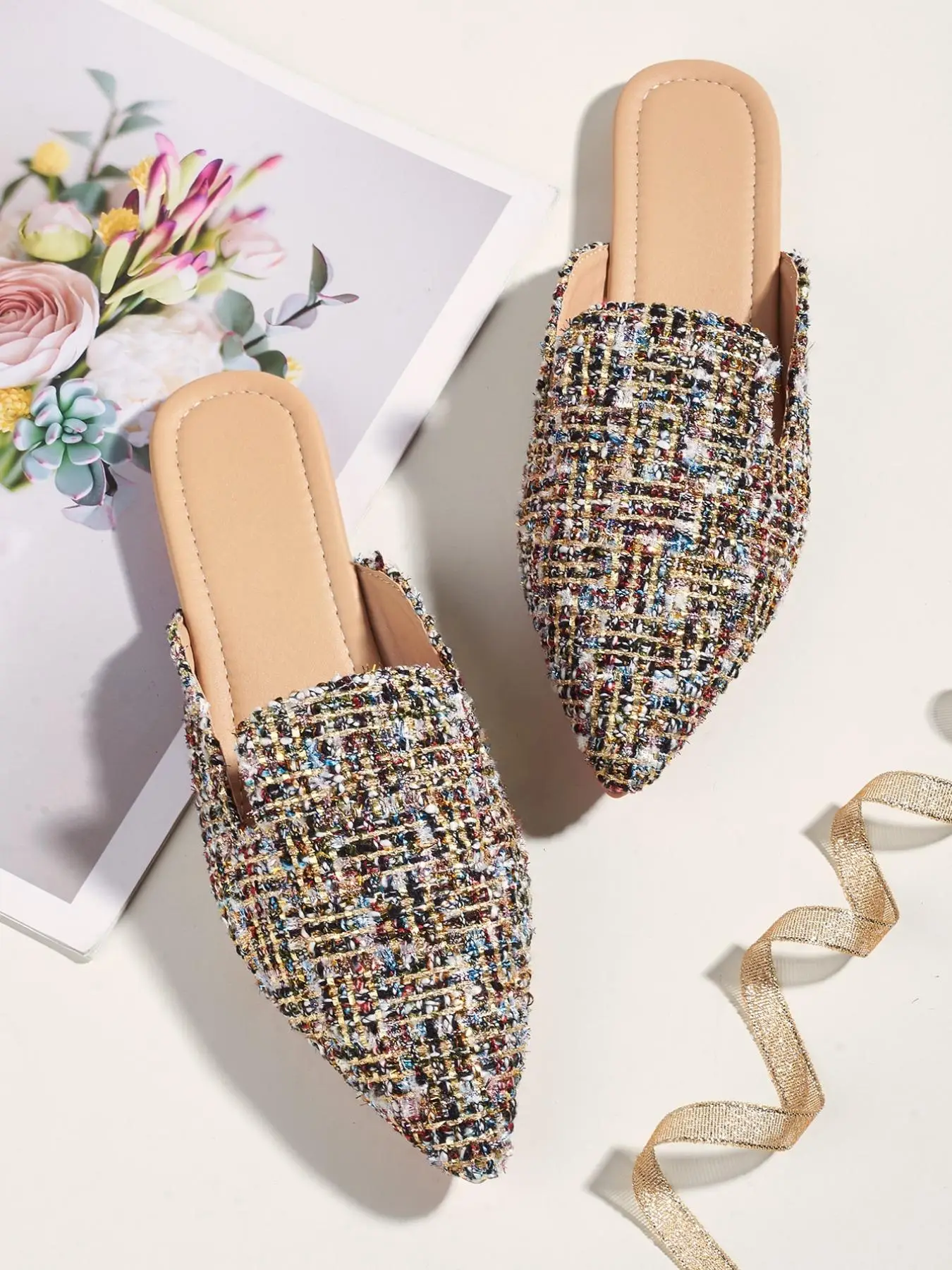 Fashion Multicolor Tweed Braided Design Beach Mules for Galentine's Party Style, Casual Lightweight Pointed Toe Flat Sandals for Daily Wear, Simple Co