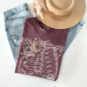 Comfort Colors Vintage Botanical Rib Cage TShirt, Floral Skeleton Gothic Tee, Dark Cottagecore TShirt, Spooky Halloween Bat Tee, Witchy Stuff Top