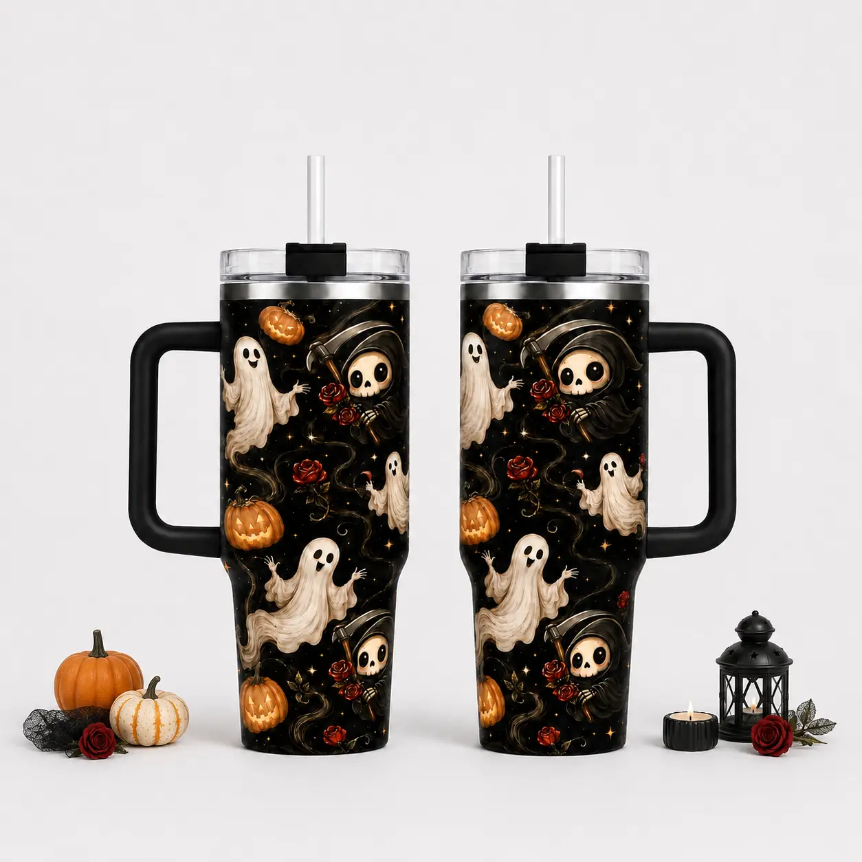 40oz Halloween Ghost Grim Reaper Tumbler with Handle, Black Stainless Steel Insulated Travel Cup, Gothic Pumpkin Rose Drinkware, Large Capacity Car Cup Holder Tumbler