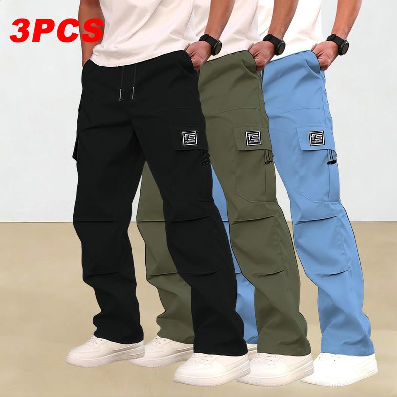 Men's multi-pocket work pants, 3-pack, suitable for all seasons and machine washable; mid-rise with drawstring closure; non-stretch polyester fabric; casual wear with pockets; versatile cargo pants