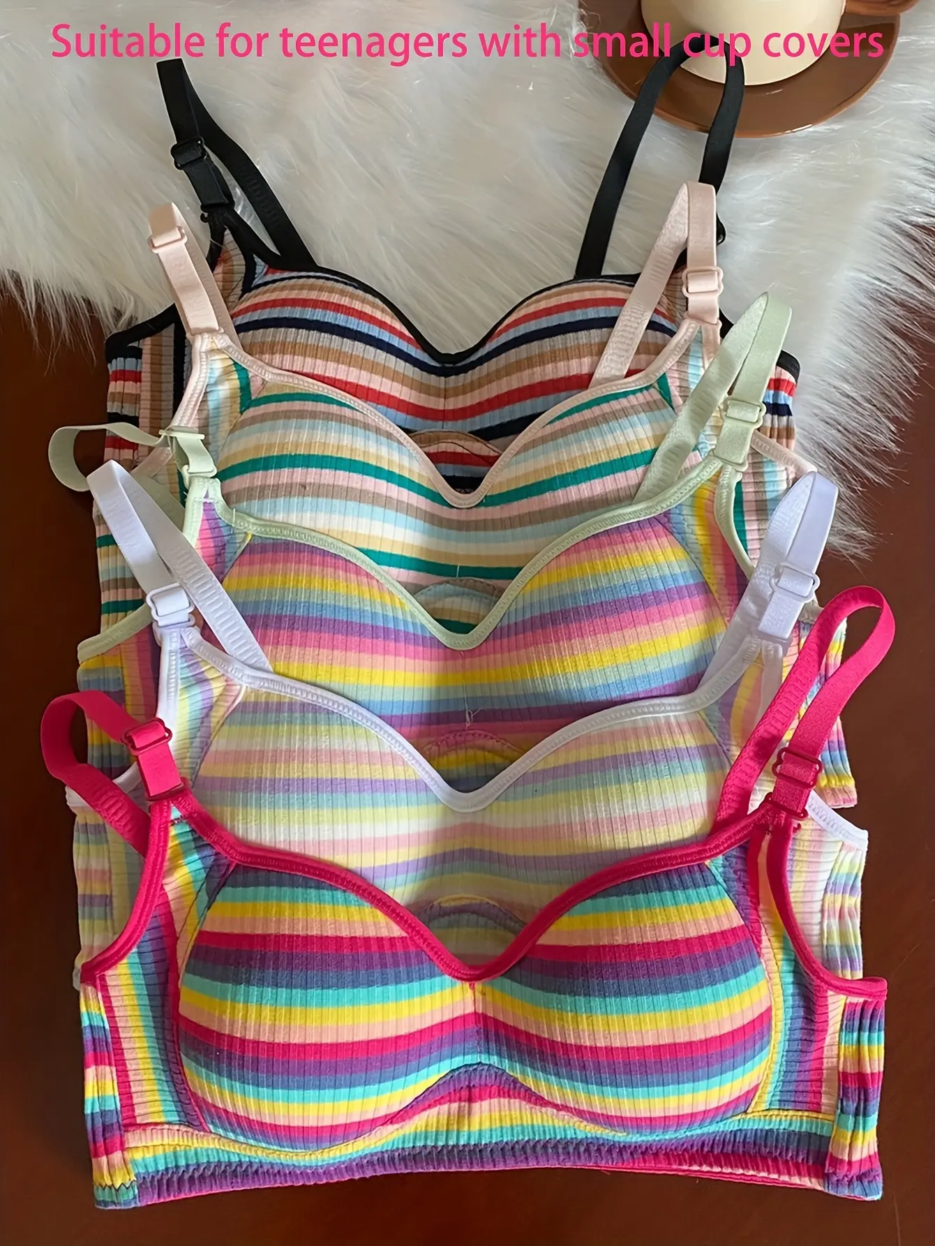 5-Piece Women's Bra Set, Rainbow Stripe Push-Up Design with Adjustable Straps, Supportive Bra for a Comfortable Everyday Fit, Mix Colors, Customized, Colorful, Underwire Push Up