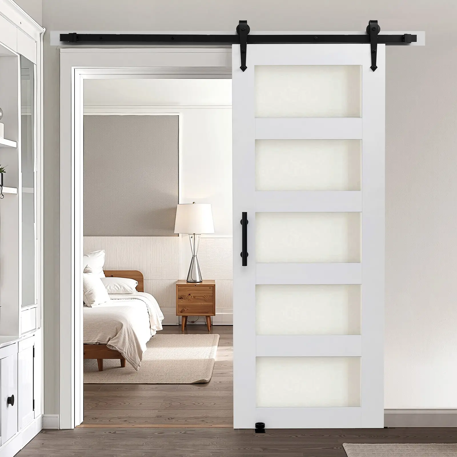 VEVOR 30x84 Inch Sliding Barn Door with Customizable Color, 1-3/8" (35mm) Thick H-Frame, High-Strength MDF & 3/16" (4.6mm) Glass Panel, Waterproof PVC Surface, Included Hardware Kit, Easy Install, Smooth Quiet Sliding for Living Room, Bedroom