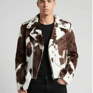 Men's Asymmetrical Zipper Pony Skin Hair-On Moto Cow Skin Jacket