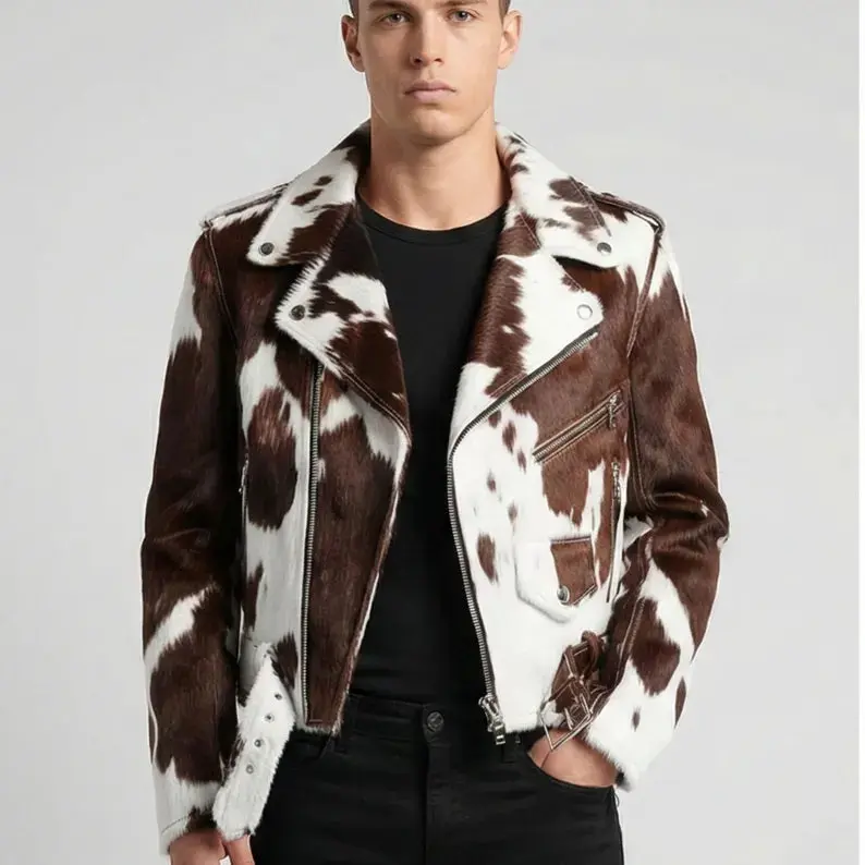 Men's Asymmetrical Zipper Pony Skin Hair-On Moto Cow Skin Jacket