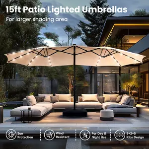 【LED Light Option】Sophia & William 15ft Large Outdoor Patio Umbrella with Base – LED Light Option, Double-Sided, Crank Handle, Waterproof