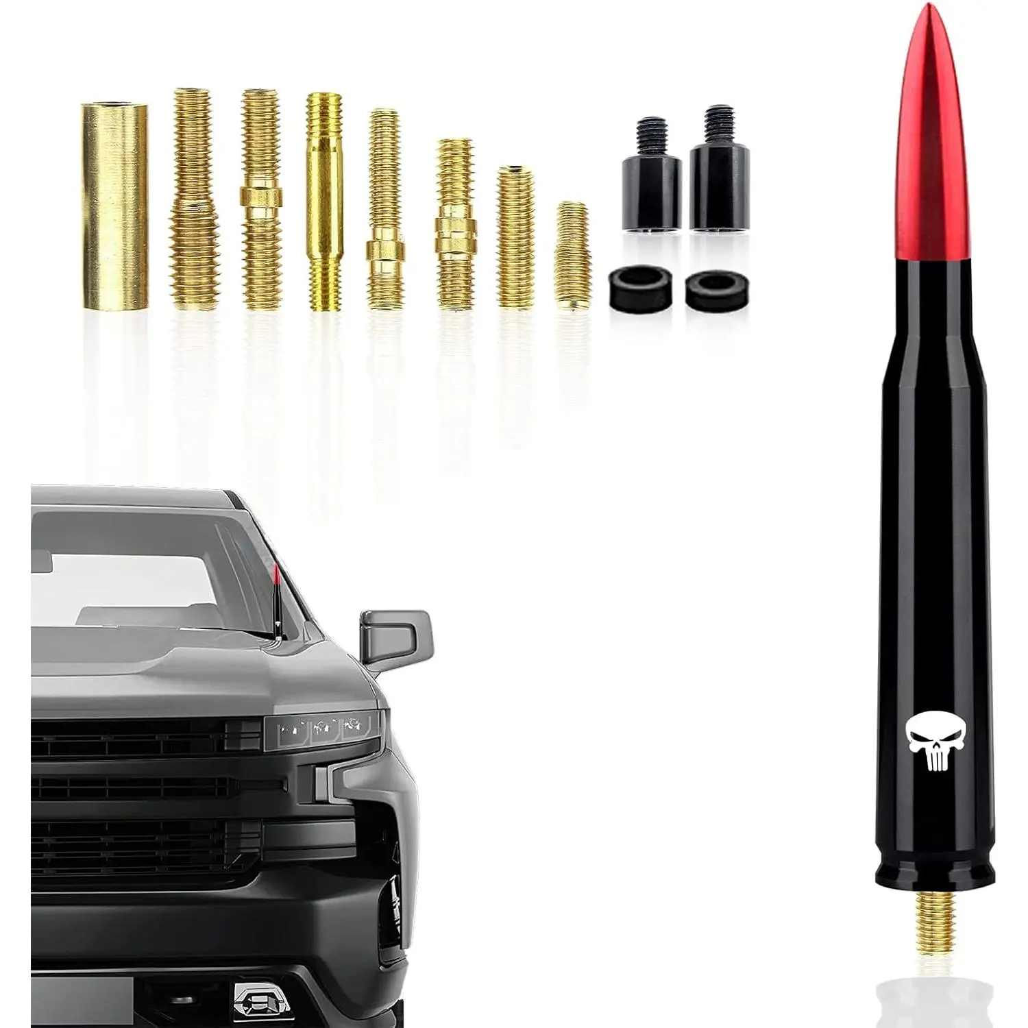 Sturdy Billet Copper Bullet Car Antenna Replacement (1 PC, 5.4In) with Aux/Bluetooth Fit, Universal Exterior Accessory for Ford F150, Jeep Wrangler, Chevy Silverado 1500-3500 HD/Avalanche, GMC Sierra 1500-3500 Denali Heavy Duty Pickup Trucks (Red), Univer