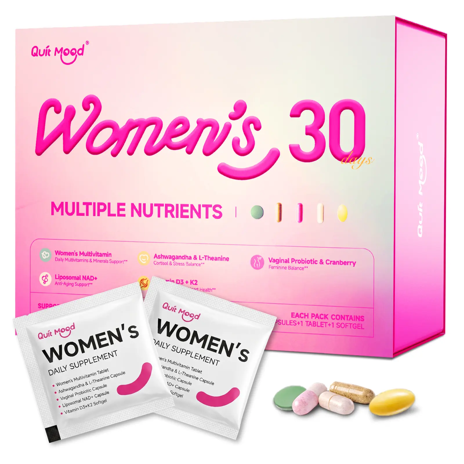 Women’s Daily Wellness Supplement Pack – 30-Day Multivitamin & Herbal Nutrient Packets with Probiotic, Ashwagandha, NAD+, Vitamin D3 + K2 | 30 Count