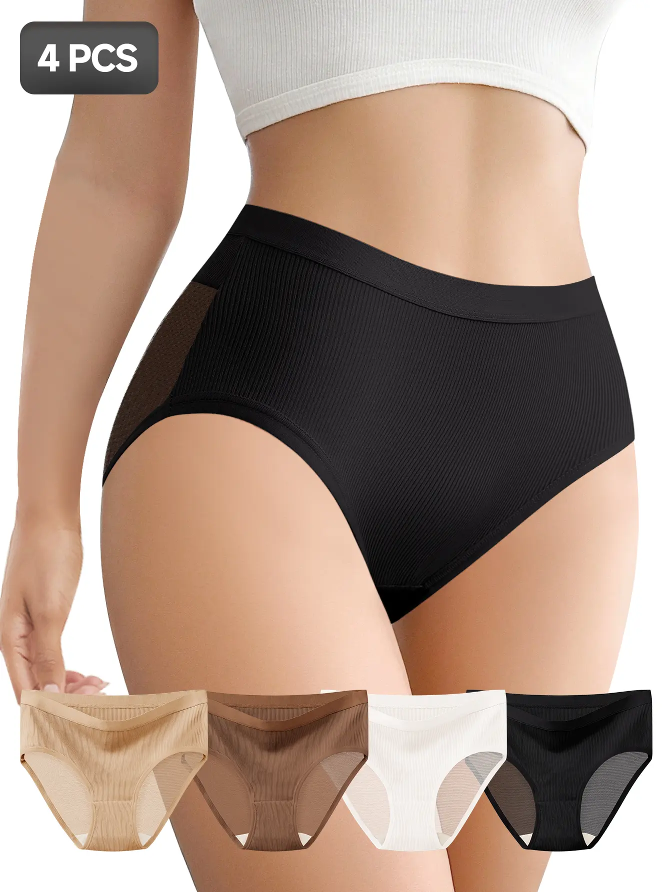 QUASTI 4-Piece Mid-Waist Sexy Breathable Mesh Women's Panties, Soft, Elastic Fabric, Hip lifting Triangle Panties, Full Coverage for Comfortable Fit Womenswear, Sizes S-XXL