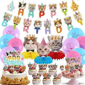 39 Pcs Cat Birthday Decorations Cat Birthday Party Supplies, 2 Pcs Birthday Banner 3 Pcs Birthday Honeycombs 9pcs Birthday Balloons and 25 Pcs Cupcake Toppers for Kid cat lover