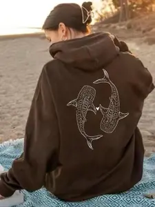 Women's Dolphin Print Drop Shoulder Thermal Lined Hoodie, Fashion Casual Drawstring Pocket Hooded Sweatshirt for Daily Holiday Outdoor Wear, Ladies Clothes for All Seasons