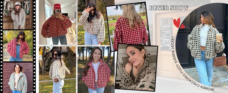 SCUSTY Women Winter Fleece Jacket Plaid Fleece Warm Coat Long-sleeve Zippered Sherpa Jacket with Pockets