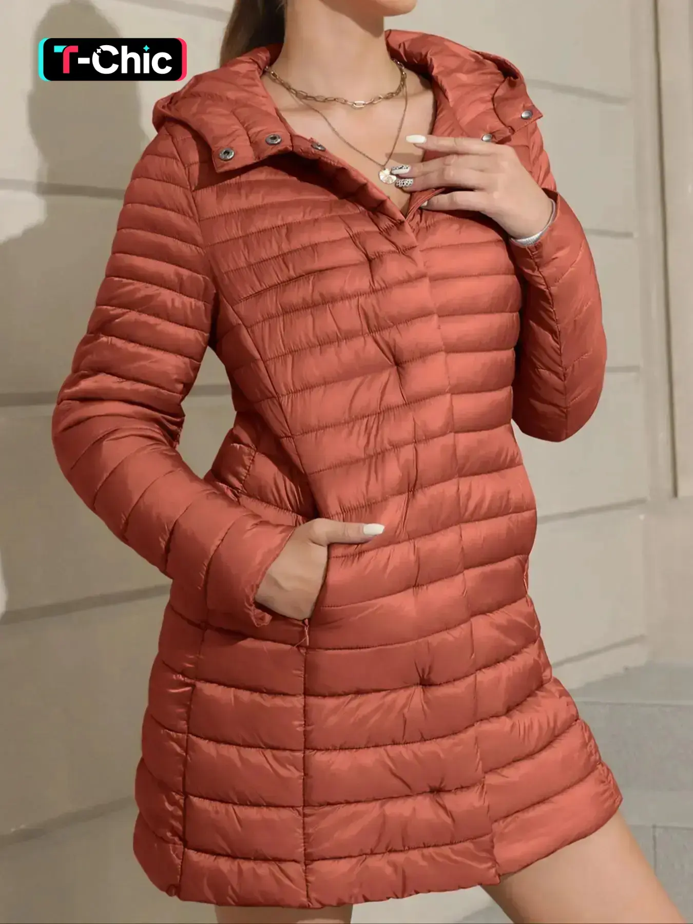 Women's Puffer Hooded Jacket, Casual Warm Lightweight Coat with Pockets, Fall Winter Fashion Outerwear, Simple Design for Daily Wear