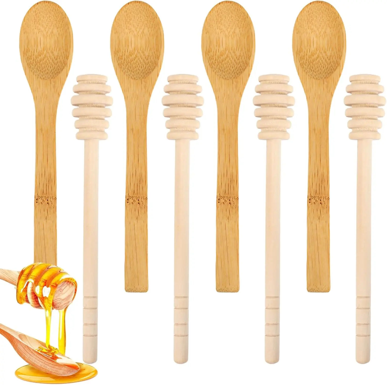 8PCS Wooden Honey Dipper Set, 6.2 Inch Honey Dipper Sticks Honey Spoon, Mini Honeycomb Stick for Evenly Drizzling Honey Over Food and Wedding Party Gift Tableware