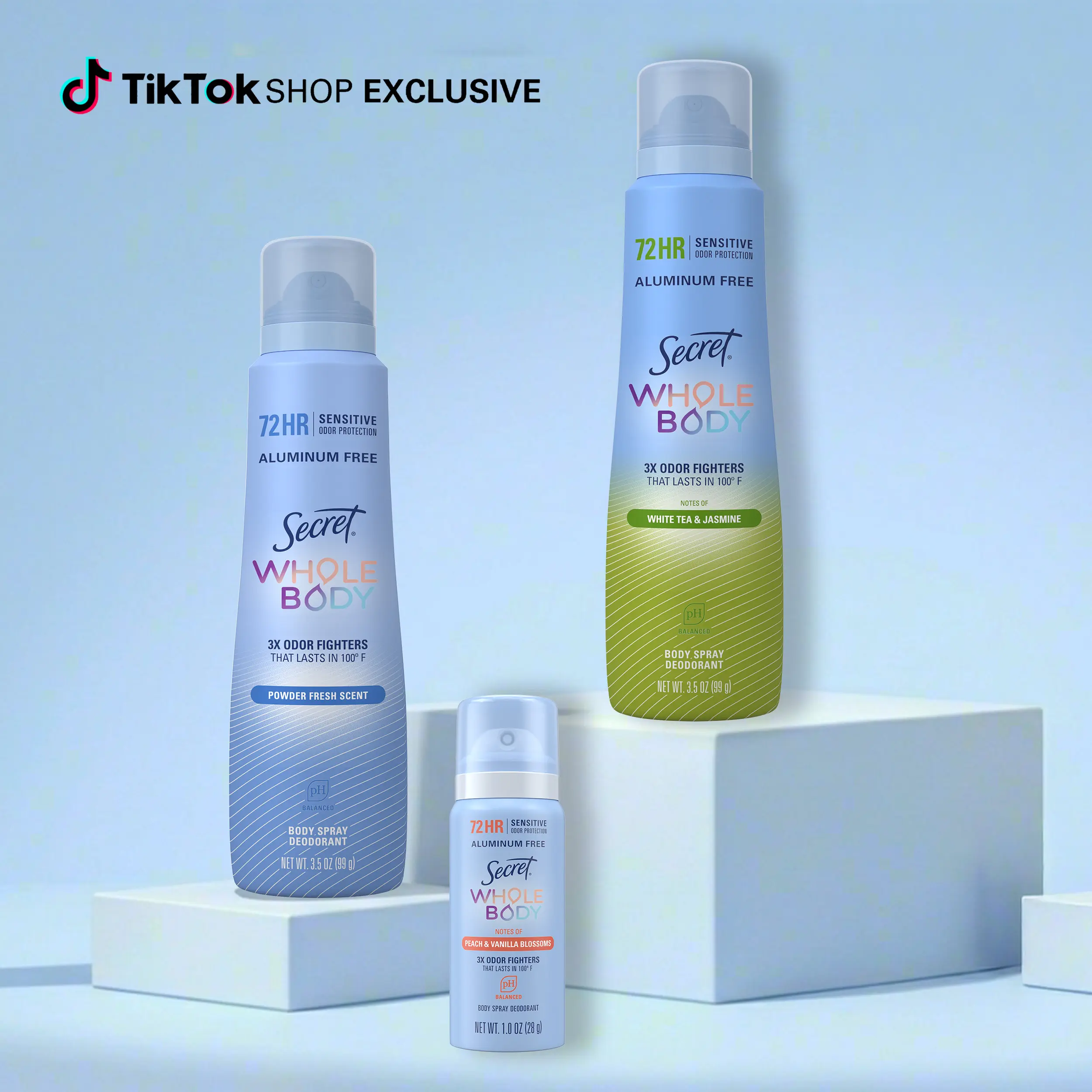 Secret Whole Body Deodorant Spray 3-Piece Pack for Women: White Tea Jasmine Scent (3.5 oz), Powder Fresh Scent (3.5 oz) & Peach & Vanilla Scent Travel Size (1.0 oz)