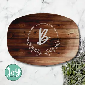 Wood Plank Custom Monogram Platter with Simple Floral Wreath