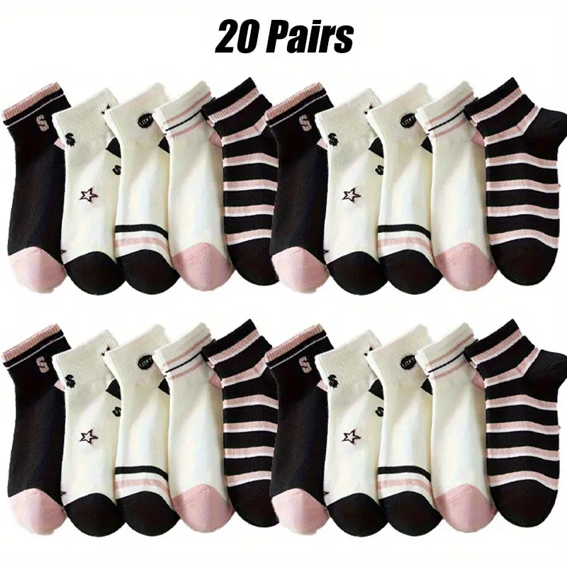 Women's Athletic Striped Low-Cut Ankle Socks - Star-Patterned, Breathable Multi-Pack (5-20 Pairs) for Casual & Athletic Use, Athletic Socks