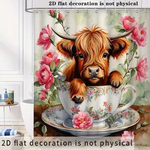 2D Flat 1pc 70.9x70.9 Inch  Animal-themed Shower Curtain, with A Cow on The Cup Pattern, Suitable for Home Bathrooms and Cottage Camping, A Perfect Christmas Gift for Friends and Family, Comes with 12 Hooks