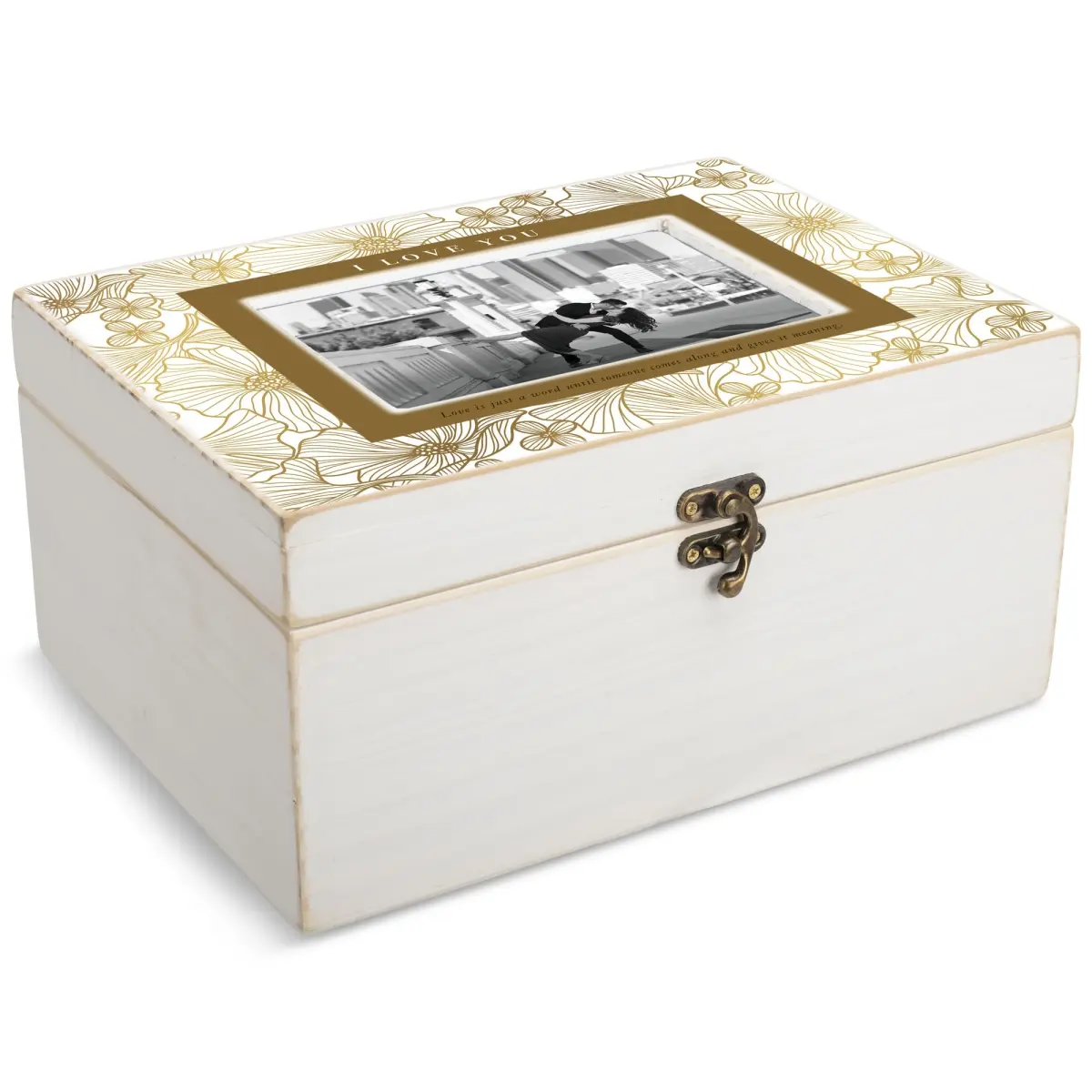 MDF Photo Jewelry Box with Glass, Hinged Lid & Gold Detail Shadow Boxes, 6x4 in Storage Organiser, "I Love You" Design for Home Decor
