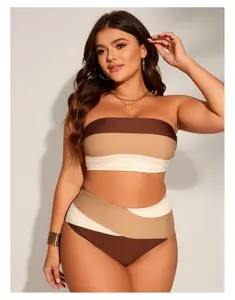 Plus Size Bandeau Bikini Set - Women's Color Block Swimsuit, High Waisted, Adjustable Straps, Removable Pads, 2 Piece Bathing Suit for Women