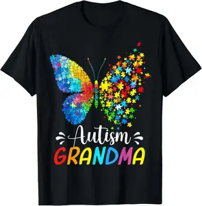 100% Cotton Autism Awareness Grandma Butterfly Cute Colorful Rainbow T-Shirt