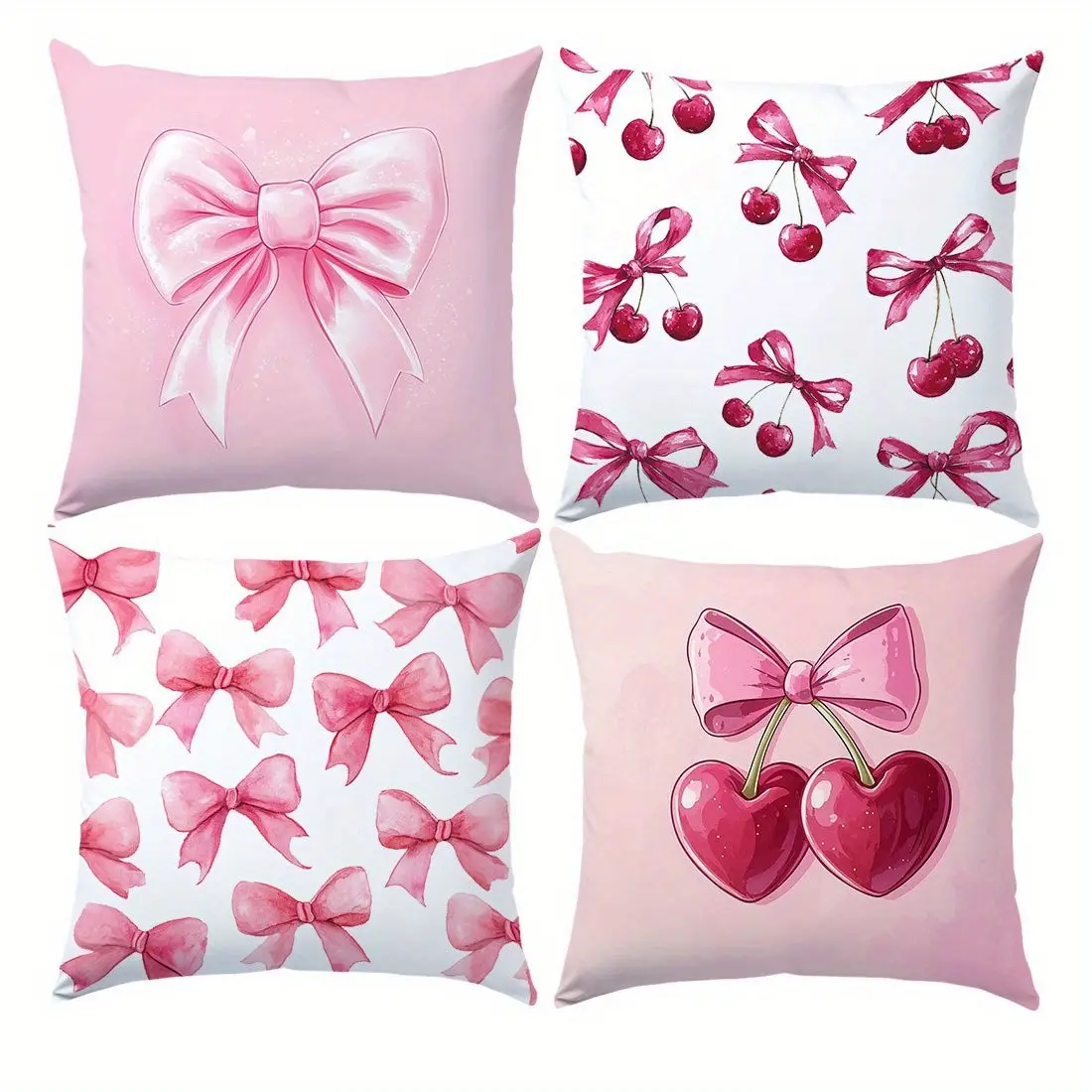 4pcs-Valentine's Day Throw Pillow Covers, Bowknot Pink and Cherry Pattern Design, Home Decorative Cushion Cover, Bedroom Decorative Accessories, Suitable for Living Room Sofa Bedroom, Valentine's Day Decoration, Single Sided Printing, No Pillow Core