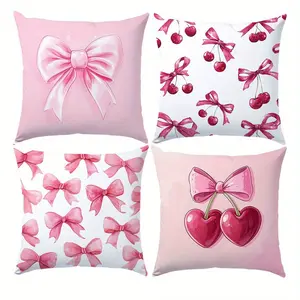 4pcs, Valentine's Day Throw Pillow Covers, Bowknot Pink and Cherry Pattern Design, Home Decorative Cushion Cover Suitable for Living Room Sofa Bedroom, Valentine's Day Decoration, Single Sided Printing, No Pillow Core