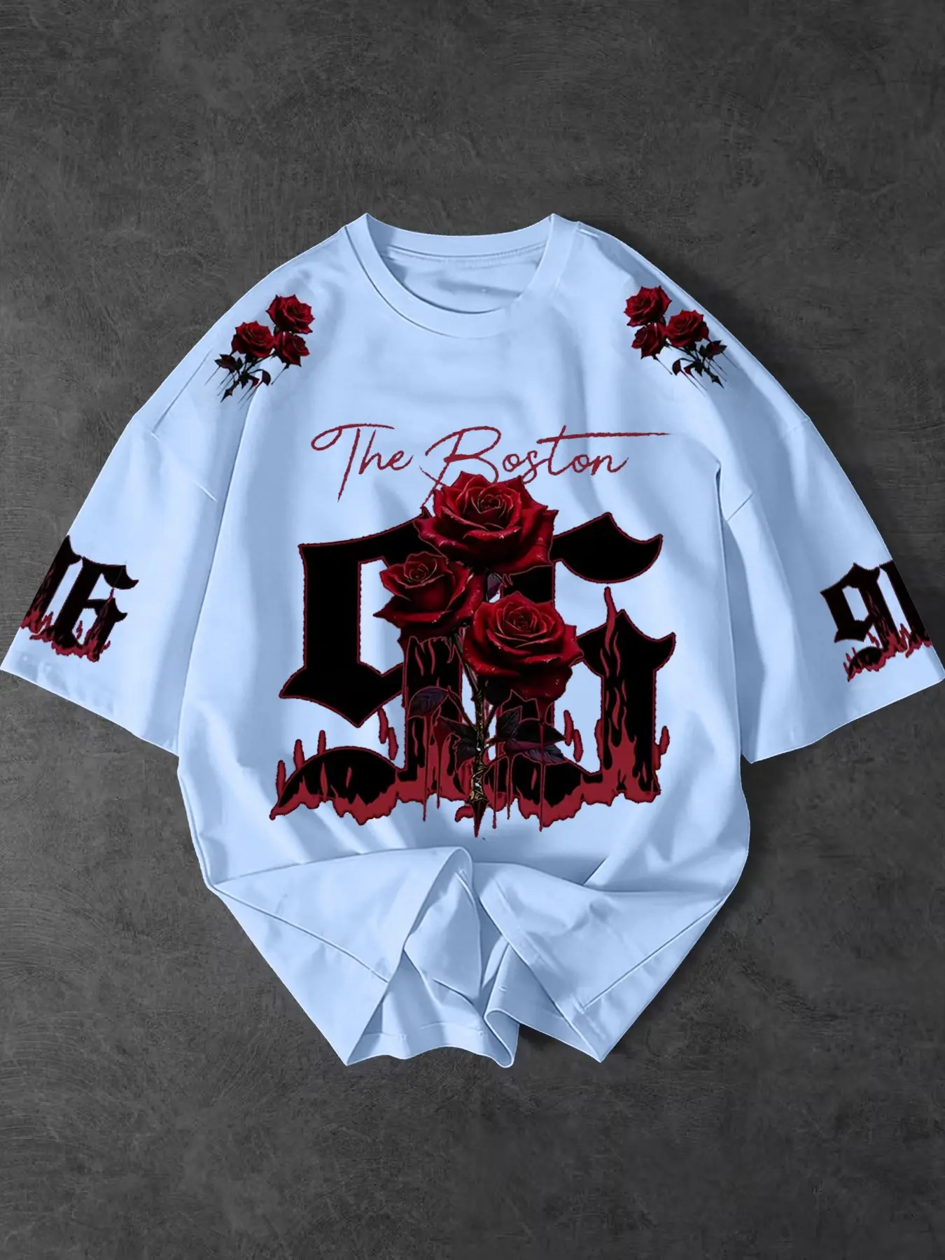 Men's Summer Casual Gothic Rose Print T-Shirt, Loose Fit, Round Neck, Street Style, Streetwear, Long Sleeve, Suitable for All Body Types
