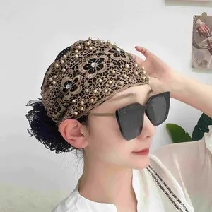 Lace Pearl Headband for Women - Boho Hollow Elastic Headwrap Yoga Gym Running Bohemian Hair Band Summer​