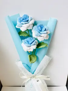 blue crochet rose+crochet bouquet+handmade flower+forever flower+birthday gift+creative gift+christmas Gift+ Housewarming Present+graduation gift+beautiful flower+Bridal Shower Gesture + Marriage Proposal Gift+ Gift for Friends and Family，lily