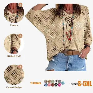 Women's Plus Size Boho Crochet Shirt Top Blouse - V-Neck Knitted Beach Cover Up (S-5XL)