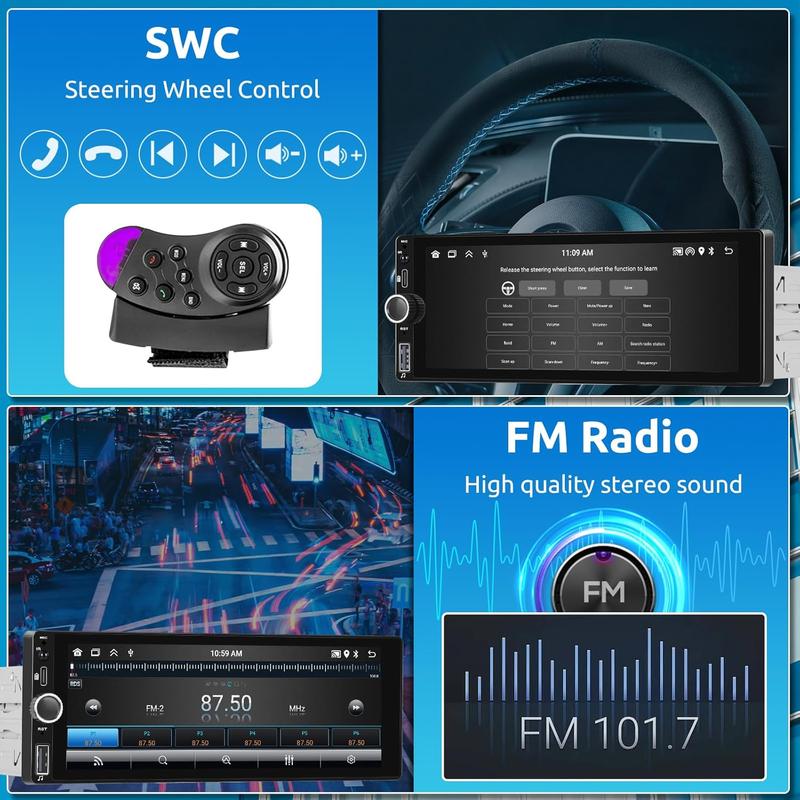 Single Din Car radio with Wireless CarPlay/Android Auto, Bluetooth Handsfree Car Radio 6.86 Inch IPS Touch Screen Single DIN MirrorLink FM/EQ/AUX/USB/SWC/Type-C with Camera MIC
