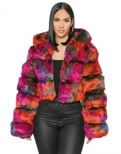 Faux Fur Fluffy Hooded Jacket Winter Coat Elegant Fit Cropped Womenswear Tops Style