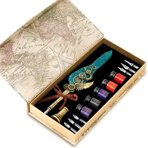 Punk Quill Pen Ink Set-Mechanical Quill Pen,5 Color Ink Calligraphy Pen Ink Set,6 Replaceable Dip Pen Nibs-Basic Calligraphy Kit-for Beginners and Calligraphy Lovers (Green)