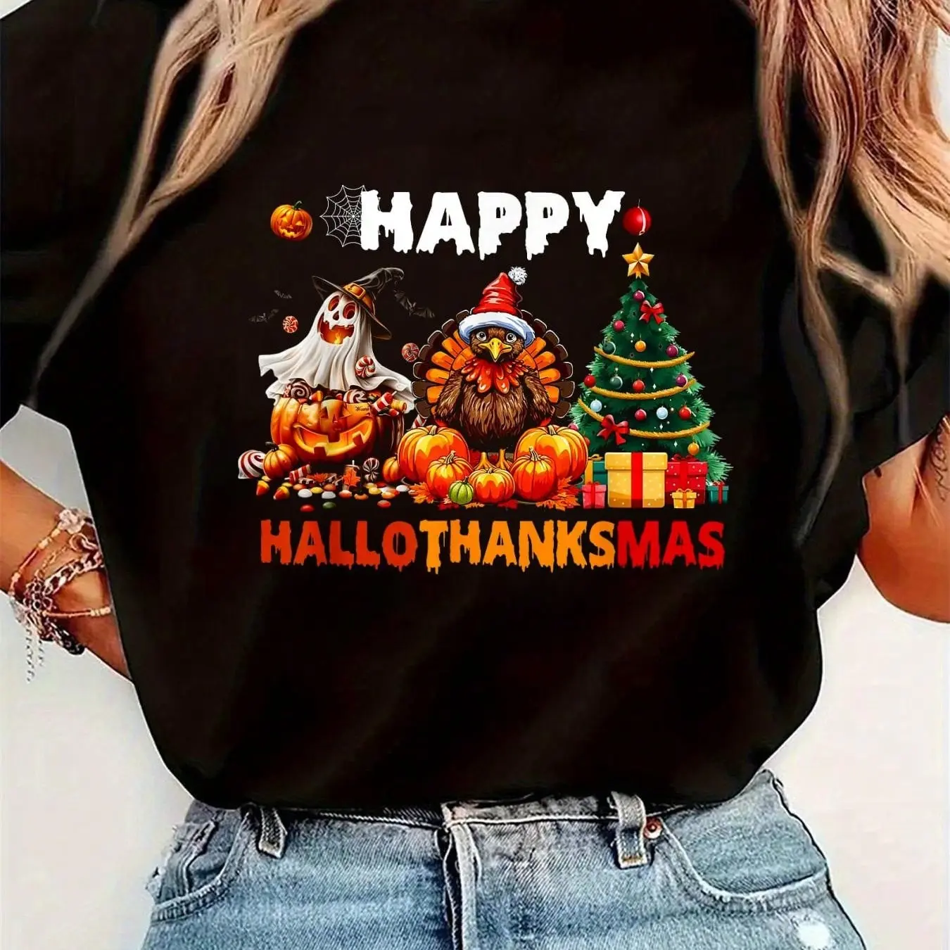 Women's Casual Comfortable Colorful Short-Sleeve Round Neck Graphic T-Shirt - Retro HalloThanksMas (Thanksgiving, Halloween, Christmas) Fashion Top
