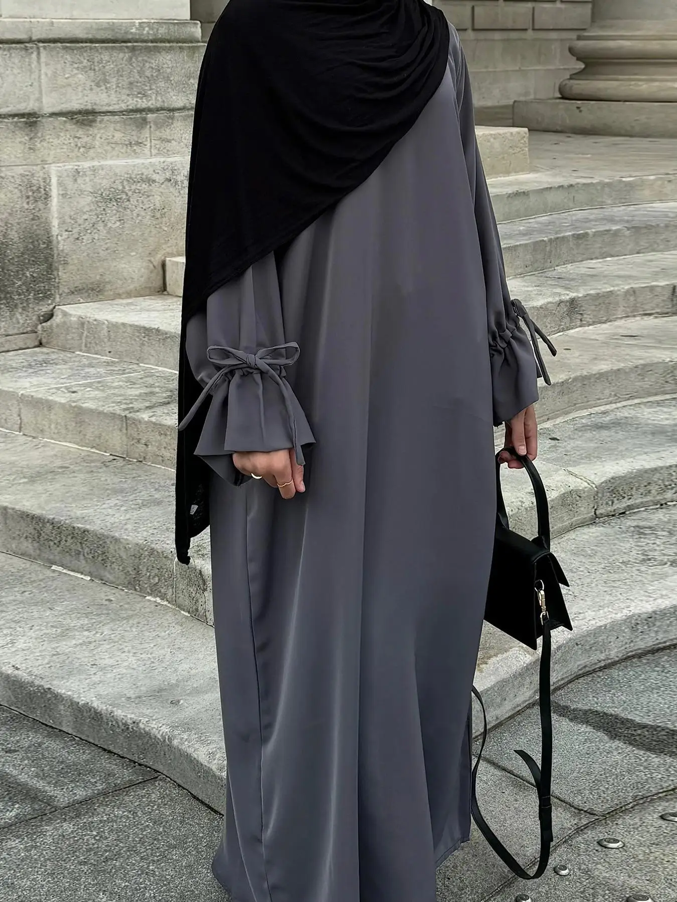 Women's Solid Color Bow Dress without Hijab, Modest Casual Long Sleeve Islamic Dress for Daily Wear, Ladies Clothes for All Seasons