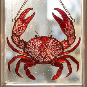 Ocean Wave Crab Suncatcher, Red Crab Window Hanging, Stained Acrylic Crab Panel, Seafood Restaurant Sun Catcher.