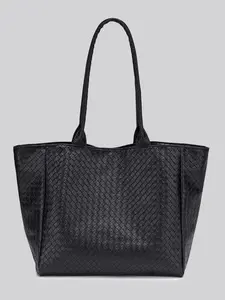 Oversized Woven Leather Tote, PU Tote Bag, Black Shoulder Bag with Large Capacity, Casual Handbag for Office, School & Shopping Minimalist Top-Handle Handbag for Everyday Use