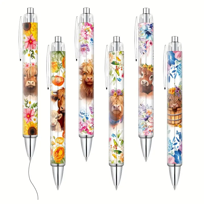 6/12Pcs Highland Cow Fountain Pens Highland Cow Ladies' Gift Set Featuring six distinct bovine and floral designs Smooth black ink Writing instrument Journaling gift Aesthetic office supplies Stationery Animal Design Pens Cute Pens